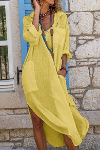 Sophie | Damen Oversized Linen Midi-Sommerkleid V-Ausschnitt - Gelb