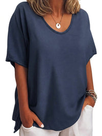 Damen-Oversized-T-Shirt mit V-Ausschnitt und kurzen Ärmeln - Marineblau