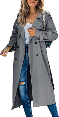 Sophie | Damen Oversized Trench Coat mit Bindegürtel Doppelreiher - Grau