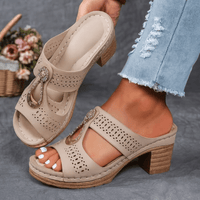 Damen Peep-Toe Mule-Sandalen mit Blockabsatz und Metallornament - Beige