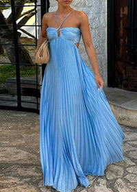 Damen Plissee Maxikleid mit Nackenträgern Aussparungen und geraffter Brustpartie - Blau