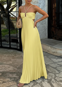 Damen Plissee Maxikleid mit Nackenträgern Aussparungen und geraffter Brustpartie - Gelb