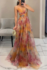 Damen Plissiertes Maxikleid mit Blumenmuster und Spaghettiträgern und Wickelausschnitt - Orange