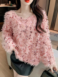 Damen Pullover mit Bootsausschnitt und Fransenoberfläche sowie Paillettenbesatz - Rosa