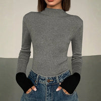 Damen Pullover mit langen Ärmeln Bündchen und Rollkragen ohne Verschluss - Grau