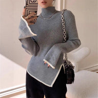 Damen Pullover mit Rollkragen langen Ärmeln Kontrastpaspel und Seitenschlitz - Grau