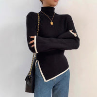 Damen Pullover mit Rollkragen langen Ärmeln Kontrastpaspel und Seitenschlitz - Schwarz
