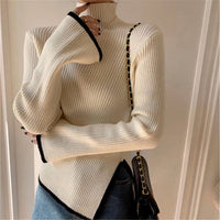 Damen Pullover mit Rollkragen langen Ärmeln Kontrastpaspel und Seitenschlitz - Weiß