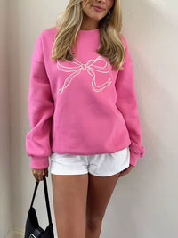 Damen Pullover mit Rundhalsausschnitt langen Ärmeln mit Bündchen und Schleifenstickerei - Rosa
