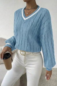 Damen Pullover mit V-Ausschnitt, Zopfmuster und Streifendetail - Blau