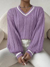 Damen Pullover mit V-Ausschnitt, Zopfmuster und Streifendetail - Lila