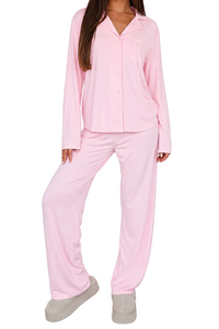 Damen-Pyjama-Set mit Knopfleiste und Reverskragen - Rosa