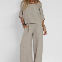 Marie | Damen Relaxed-Fit Leinen-Bluse Hose Set elegant bequem - Hellgrau