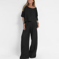 Marie | Damen Relaxed-Fit Leinen-Bluse Hose Set elegant bequem - Schwarz