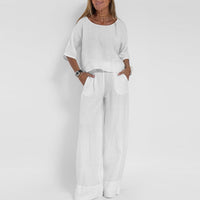 Marie | Damen Relaxed-Fit Leinen-Bluse Hose Set elegant bequem - Weiß