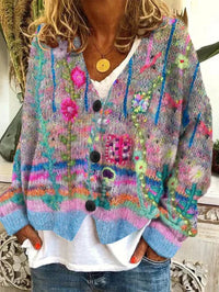 Marie | Damen Retro Blumen-Cardigan mit Knopfleiste in Buntem Strickdesign - Grau