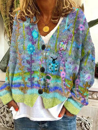 Marie | Damen Retro Blumen-Cardigan mit Knopfleiste in Buntem Strickdesign - Blau