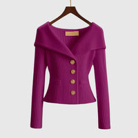Damen-Rippstrick-Cardigan mit Off-Shoulder-Kragen und Zierknöpfen - Lila