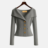Damen-Rippstrick-Cardigan mit Off-Shoulder-Kragen und Zierknöpfen - Grau