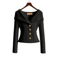 Damen-Rippstrick-Cardigan mit Off-Shoulder-Kragen und Zierknöpfen - Schwarz