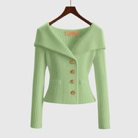 Damen-Rippstrick-Cardigan mit Off-Shoulder-Kragen und Zierknöpfen - Grün