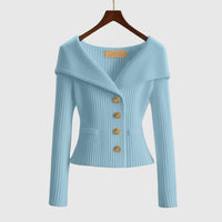 Damen-Rippstrick-Cardigan mit Off-Shoulder-Kragen und Zierknöpfen - Blau