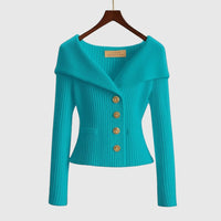 Damen-Rippstrick-Cardigan mit Off-Shoulder-Kragen und Zierknöpfen - Himmelblau