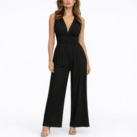 Katharina | Damen Ärmelloser Weitbein-Jumpsuit Tiefem V-Ausschnitt - Schwarz