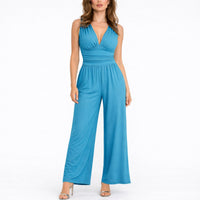 Katharina | Damen Ärmelloser Weitbein-Jumpsuit Tiefem V-Ausschnitt - Blau