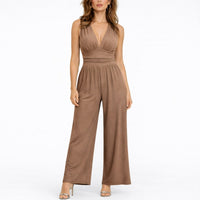 Katharina | Damen Ärmelloser Weitbein-Jumpsuit Tiefem V-Ausschnitt - Beige