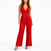 Katharina | Damen Ärmelloser Weitbein-Jumpsuit Tiefem V-Ausschnitt - Rot