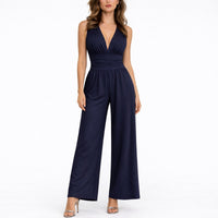 Katharina | Damen Ärmelloser Weitbein-Jumpsuit Tiefem V-Ausschnitt - Marineblau
