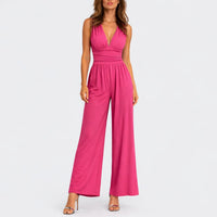 Katharina | Damen Ärmelloser Weitbein-Jumpsuit Tiefem V-Ausschnitt - Rosa