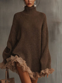 Leonie | Damen Rollkragen Strickkleid mit Rüschen Spitze Formal Dresses Oversized - Braun