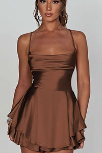 Amelie | Damen Satinoptik Rückenfreies Cocktailkleid Geraffter Taille Minirock - Coffee