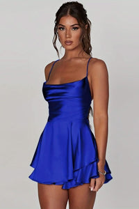 Amelie | Damen Satinoptik Rückenfreies Cocktailkleid Geraffter Taille Minirock - Royal Blue