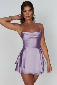 Amelie | Damen Satinoptik Rückenfreies Cocktailkleid Geraffter Taille Minirock - Lavender