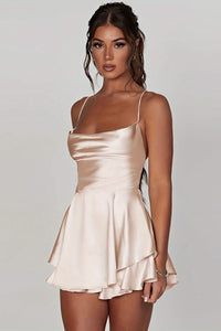 Amelie | Damen Satinoptik Rückenfreies Cocktailkleid Geraffter Taille Minirock - Milky