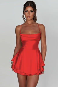 Amelie | Damen Satinoptik Rückenfreies Cocktailkleid Geraffter Taille Minirock - Red