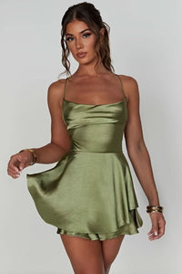 Amelie | Damen Satinoptik Rückenfreies Cocktailkleid Geraffter Taille Minirock - Matcha