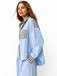 Damen Schlafanzug-Set mit Knopfhemd und elastischer Bundhose - Blau