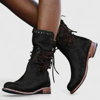 Elfriede | Damen Schnürstiefel Vintage Leder-Optik Ankle Boots Nietendetail - Schwarz