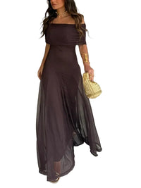 Damen Schulterfreies Maxikleid mit gerafftem Oberteil und langem Rock - Niemiecki