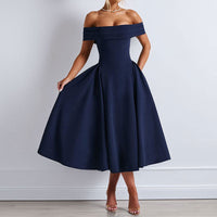 Damen Schulterfreies Midikleid mit gefaltetem Halsausschnitt und ausgestelltem Rock - Marine