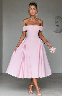 Damen Schulterfreies Midikleid mit gefaltetem Halsausschnitt und ausgestelltem Rock - Rosa