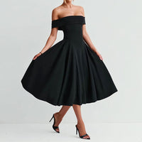 Damen Schulterfreies Midikleid mit gefaltetem Halsausschnitt und ausgestelltem Rock - Schwarz
