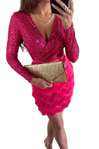 Damen Schwarzes Pailletten-Minikleid mit Federrock - Rosa