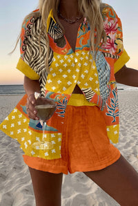 Damen-Set aus bedrucktem Kurzarmhemd und Shorts - Orange