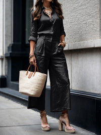 Damen-Set aus Button-Down-Hemd und Wide-Leg-Hose - Schwarz
