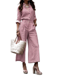 Damen-Set aus Button-Down-Hemd und Wide-Leg-Hose - Rosa